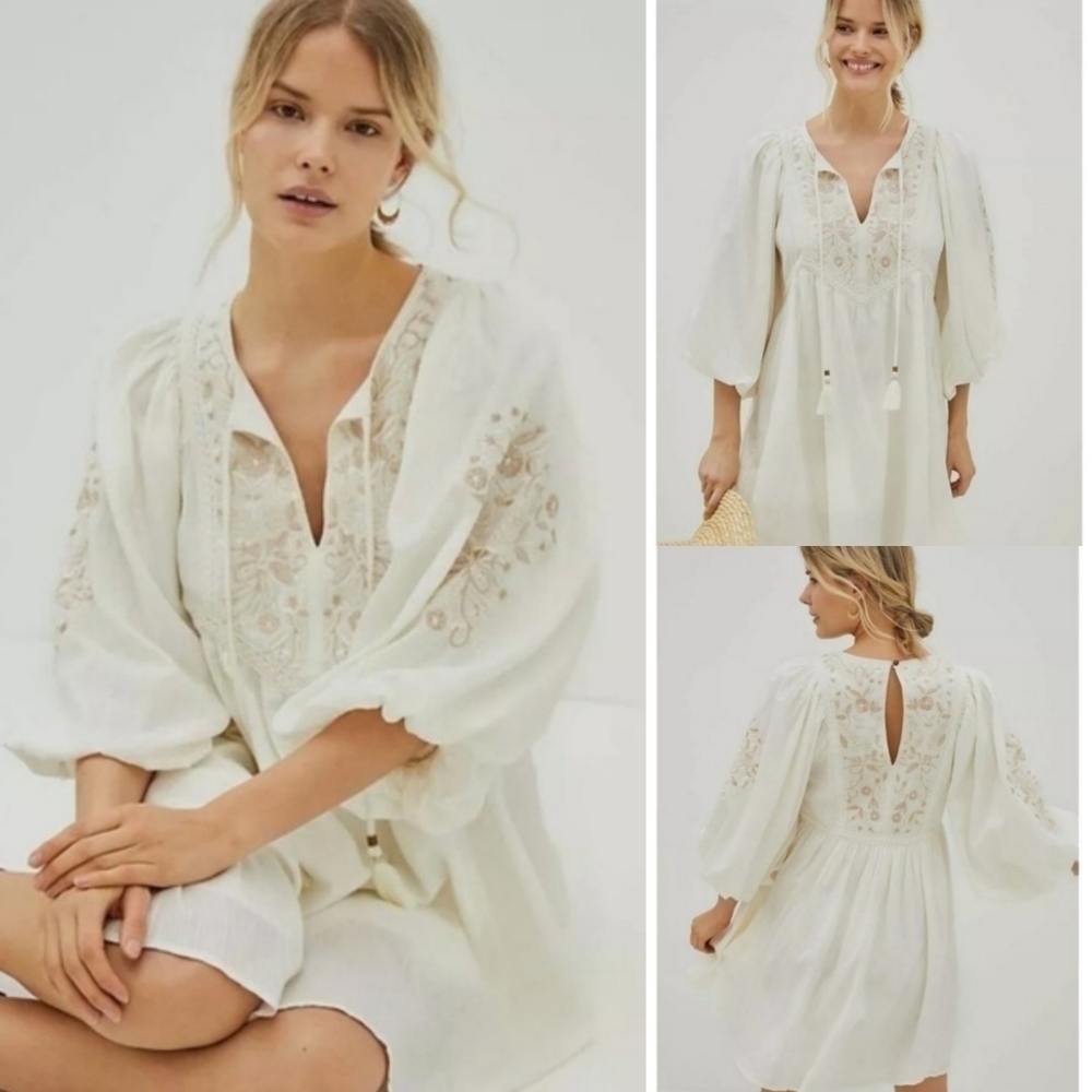 New Anthropologie Viveka Embroidered Lace Floral Ivory Mini Dress NWT Size XS